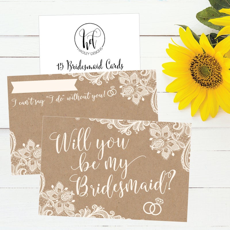 Hadley Designs 15 Will You Be My Bridesmaid Cards Kraft Lace, I Can't Say I Do Without You, Rustic Bridesmaids Proposal Note For Gifts, Blank Ask To Be Your Bridesmaids Invitations Set - Image 4